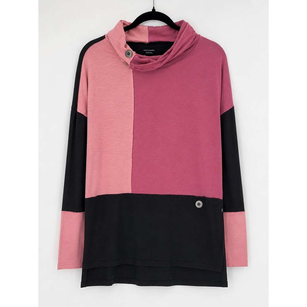 Neon Buddha Top Womens XL Pink Black‎ Colorblock Cowl Neck Lagenlook Art to Wear
